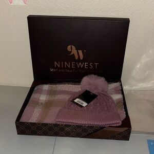 Nine West Mauve Knit Beanie and Plaid Scarf Set